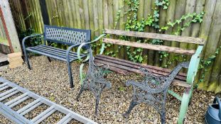A MODERN METAL BLACK AND GREY FINISHED GARDEN BENCH ALONG WITH WROUGHT IRON FRAMED VINTAGE GARDEN
