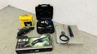 A GROUP OF POWER TOOLS TO INCLUDE CASED CHALLENGE EXTREME 18 VOLT CORDLESS DRILL WITH CHARGER AND