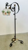 VINTAGE METAL CRAFT LAMP STANDARD WITH HAND PAINTED GLASS SHADE - SOLD AS SEEN.