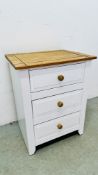 MODERN MEXICAN PINE WHITE PAINTED 3 DRAWER BEDSIDE CABINET, W 52CM X D 41CM X H 67CM.