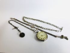 ANTIQUE SILVER FOB WATCH MARKED 935 ON A SILVER WATCH CHAIN AND 2 COIN PENDANTS,