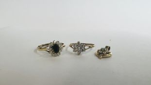 TWO 9CT GOLD STONE SET RINGS ALONG WITH 9CT GOLD STONE SET PENDANT