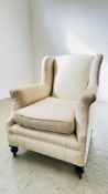 A VINTAGE EASY CHAIR UPHOLSTERED IN CREAM CHECK MATERIAL - REQUIRES CLEANING.