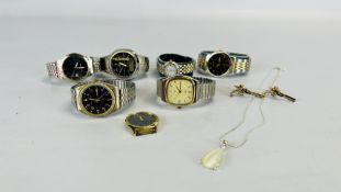 A GROUP OF 6 WRIST WATCHES TO INCLUDE CITIZEN AND TIMEX EXAMPLES, PAIR OF CUFF LINKS AND NECKLACE.