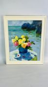 FRAMED OIL ON BOARD, 'ROSES AND SEASCAPE',