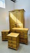 A HONEY PINE 4 PIECE BEDROOM SUITE COMPRISING OF A 4 DRAWER CHEST,