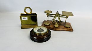 A SET OF BRASS LETTER SCALES ALONG WITH A BRASS LETTER RACK PLUS A VINTAGE CIRCULAR BAROMETER.