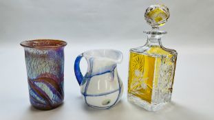 A YELLOW FLESH ETCHED DECANTER, 2 PIECES OF ART GLASS INCLUDING ALUM BAY & CAITHNESS.