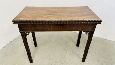 LATE VICTORIAN MAHOGANY FOLDING TOP GAMES TABLE W 92CM, D 46CM.