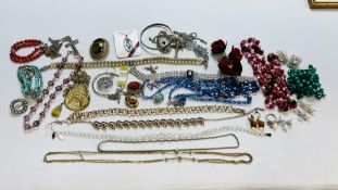 BOX OF MIXED COSTUME JEWELLERY TO INCLUDE BEADED NECKLACES, EARRINGS, BANGLES ETC.