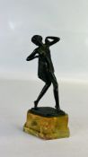 AN ART DECO BRONZE FIGURE OF A DANCING GIRL ON A MARBLE BASE - 18CM HIGH UNSIGNED.