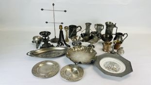 A BOX CONTAINING A COLLECTION OF ASSORTED VINTAGE PEWTER TO INCLUDE TANKARDS, FUNNEL AND PLATES,