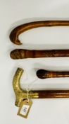 A COLLECTION OF FOUR COLLECTOR'S WALKING CANES TO INCLUDE TWO CARVED BAMBOO,