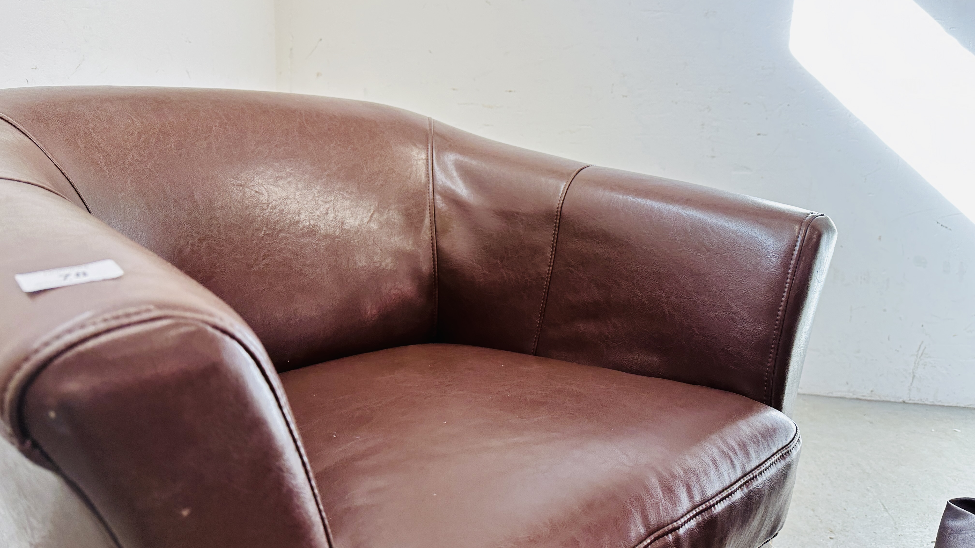 A MODERN BROWN FAUX LEATHER TUB CHAIR ALONG WITH MATCHING BEAN BAG FOOT REST. - Image 7 of 11