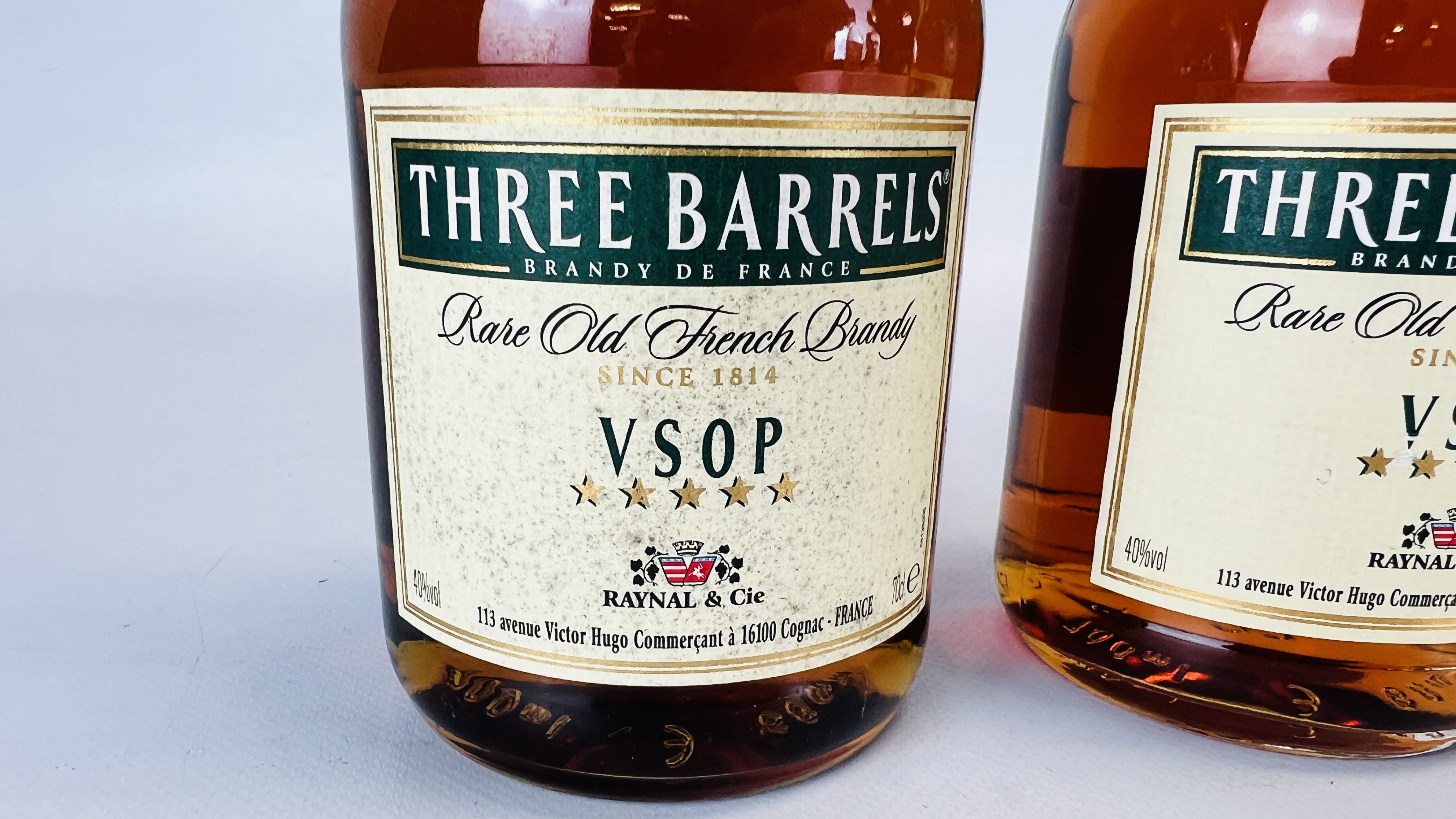 2 X 70CL BOTTLES OF "THREE BARRELS" FRENCH BRANDY. - Image 3 of 4