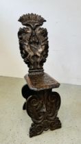 A C19TH ITALIAN CARVED OAK SGABELLO CHAIR - 117CM H X 36CM W.