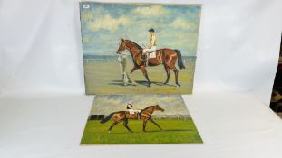 TWO UN-FRAMED HORSE PAINTINGS, THE LARGEST 76CM X 61CM.