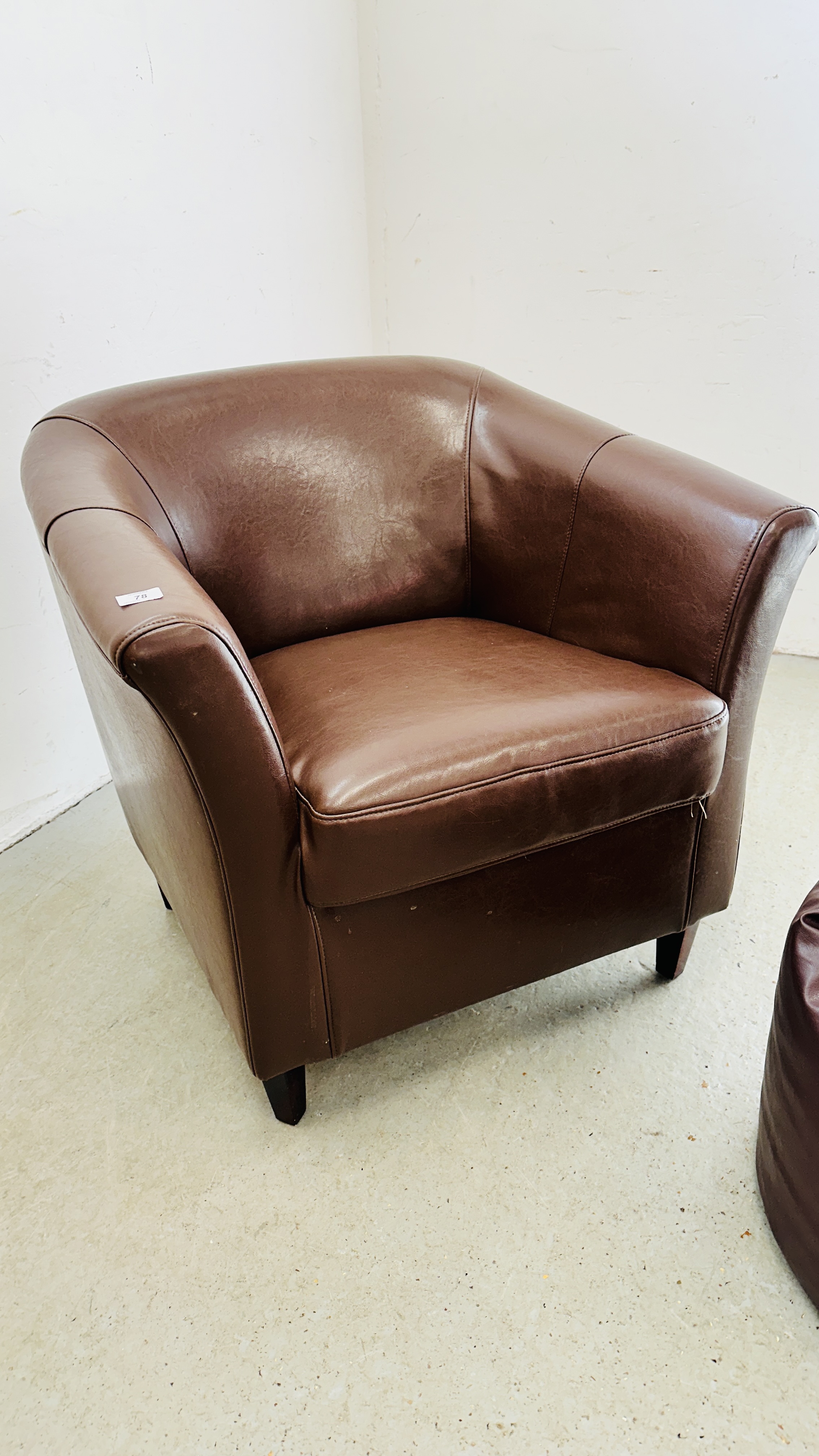 A MODERN BROWN FAUX LEATHER TUB CHAIR ALONG WITH MATCHING BEAN BAG FOOT REST. - Image 2 of 11