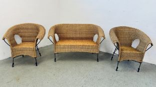 THREE PIECE METAL CRAFT AND WICKER SUITE COMPRISING OF TWO SEATER SOFA AND TWO CHAIRS.
