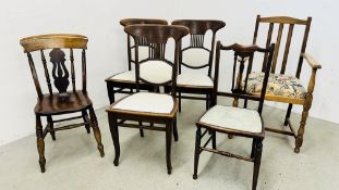 A GROUP OF 6 VARIOUS VINTAGE SIDE CHAIRS TO INCLUDE 3 MATCHING DECO STYLE, OAK ARM CHAIR,