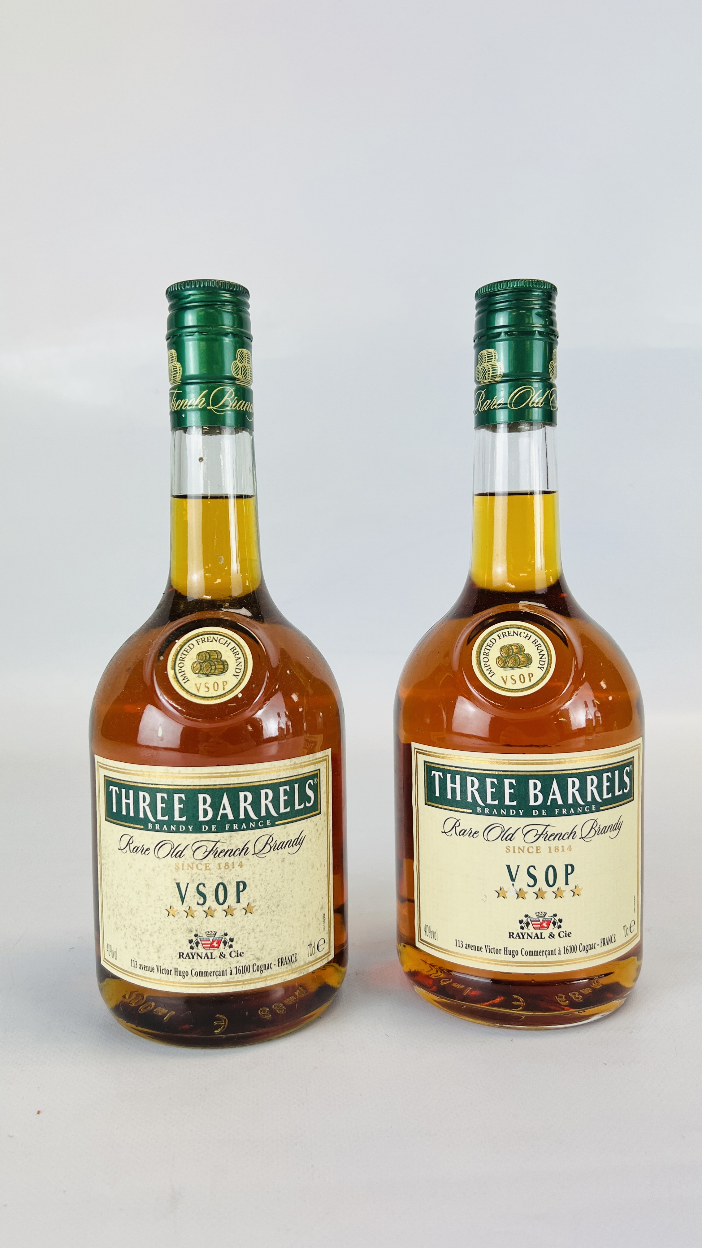 2 X 70CL BOTTLES OF "THREE BARRELS" FRENCH BRANDY.