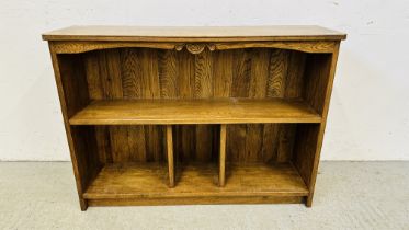 OAK ARTS AND CRAFTS STYLE BOOKCASE WITH BOARDED BACK - W 107CM X D 29CM X H 77CM.