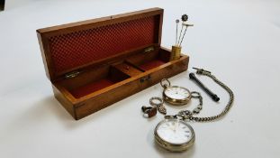 VINTAGE CRIB BOX WITH VINTAGE POCKET WATCHES, SEAL, STICK PINS ETC.