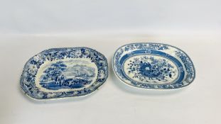A C19TH BLUE AND WHITE RURAL SCENERY PATTERN MEAT DISH ALONG WITH A BLUE AND WHITE FLORAL PATTERN