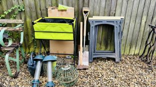 2 METAL FRAMED FABRIC LINED RAISED PLANTERS (1 BOXED) ALONG WITH A PAIR OF FOLDING SAW HORSES,
