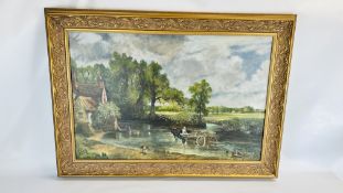 FRAMED OIL ON BOARD, AFTER CONSTABLE, 'THE HAYWAIN', 89CM X 59CM.