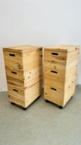 2 X 3 SECTION PINE STACKING STORAGE BOXES - H 76CM, W 40CM, D 30CM.