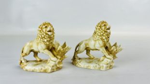 A PAIR OF CONTINENTAL HARD PASTE MODELS OF LIONS, 10CM HIGH.