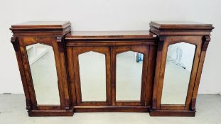ANTIQUE MAHOGANY SIDEBOARD WITH 4 MIRRORED DOORS - W 216CM X D 48CM X H 26CM - FOR RESTORATION.