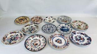 A GROUP OF 8 MAINLY STONEWARE DISHES INCLUDING EXAMPLES BY MASONS & RIDGEWAY ALL C19TH ALONG WITH