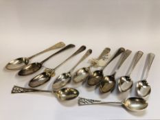 A GROUP OF 6 BRIGHT CUT TEASPOONS MAINLY GEORGE III ALONG WITH A PAIR OF SILVER COFFEE SPOONS,