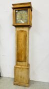 AN OAK CASED LONG CASE CLOCK WITH HOVETON FACE.