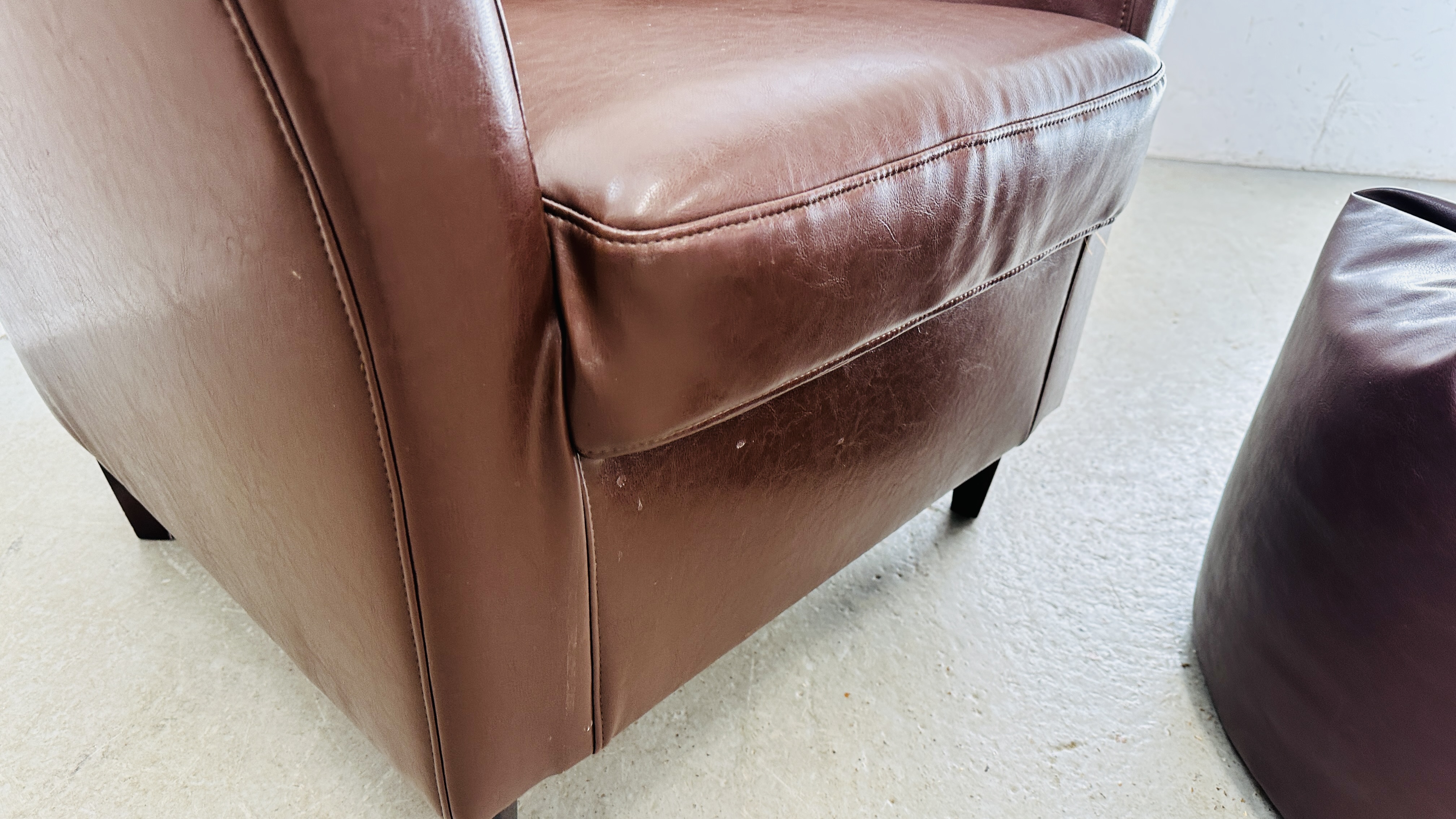 A MODERN BROWN FAUX LEATHER TUB CHAIR ALONG WITH MATCHING BEAN BAG FOOT REST. - Image 6 of 11