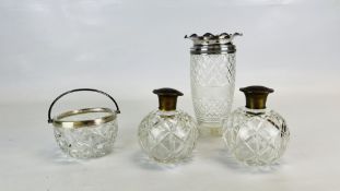 A VINTAGE CELERY VASE WITH PLATED RIM + A PAIR OF CUT GLASS PERFUME DECANTERS AND A MOULDED GLASS