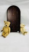 VINTAGE BAGATELLE BOARD WITH TWO VINTAGE MOVING JOINT TEDDY BEARS.