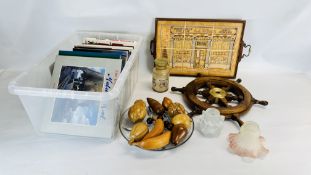 A BOX OF COLLECTIBLES TO INCLUDE TREEN FRUIT, SHIPS WHEEL, VINTAGE GLASS LIGHT SHADES,