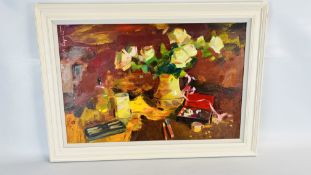 FRAMED OIL ON CANVAS LAID TO BOARD, STILL LIFE WITH ROSES AND BOXES,