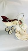 A VINTAGE PORCELAIN DOLL MARKED PB ALONG WITH VINTAGE METAL PRAM.