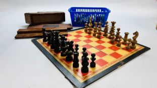 BOX CONTAINING VINTAGE CHESS PIECES, CHESS BOARD,