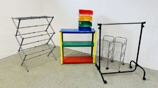 A GROUP OF STORAGE ITEMS TO INCLUDE METAL 3 TIER RACK, FOLDING CLOTHES AIRER,