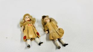 TWO VICTORIAN BISQUE DOLLS HOUSE DOLLS - HEIGHT 9CM.