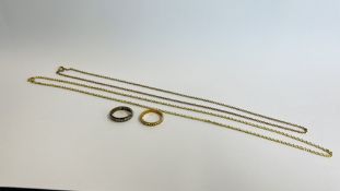 TWO NECKLACES TO INCLUDE A GOLD PLATED AND ROLLED GOLD EXAMPLE ALONG WITH TWO YELLOW METAL ETERNITY