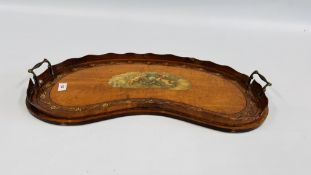A C19TH KIDNEY SHAPED SATINWOOD DECORATED TRAY,