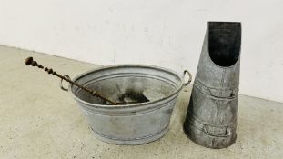A GALVANISED TWO HANDLED BATH ALONG WITH A GALVANISED COAL SCUTTLE AND FIRE IRON.