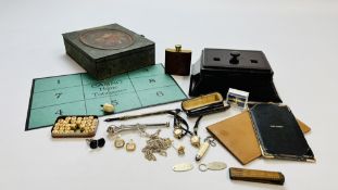 A VINTAGE BAKELITE CUSSINO CIGARETTE CABINET WITH BOARD TOGETHER WITH TIN OF COLLECTIBLES TO