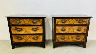 A PAIR OF OAK 3 DRAWER CHESTS WITH BURR WALNUT FINISH DRAWER AND DECO HANDLE,